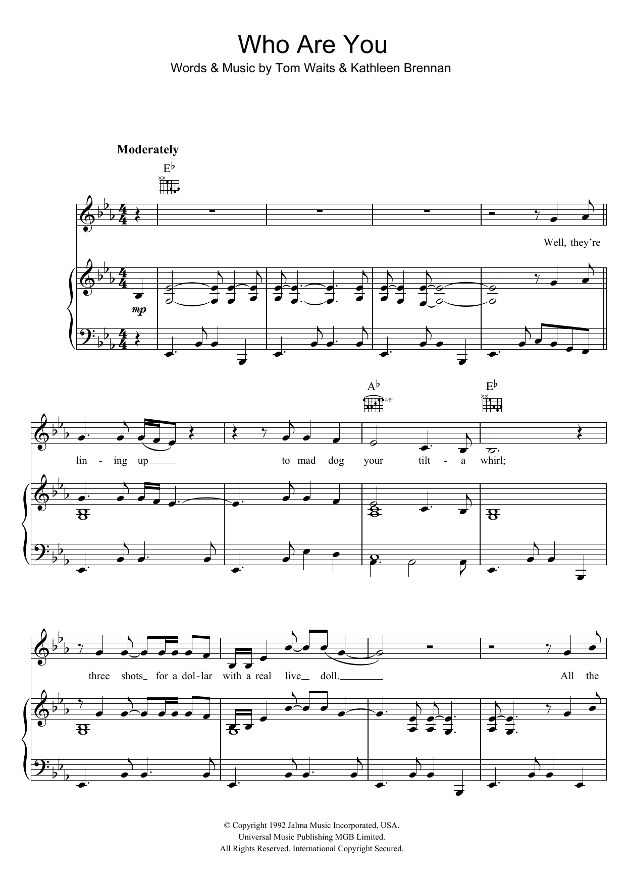 Tom Waits Who Are You sheet music notes and chords arranged for Piano, Vocal & Guitar Chords