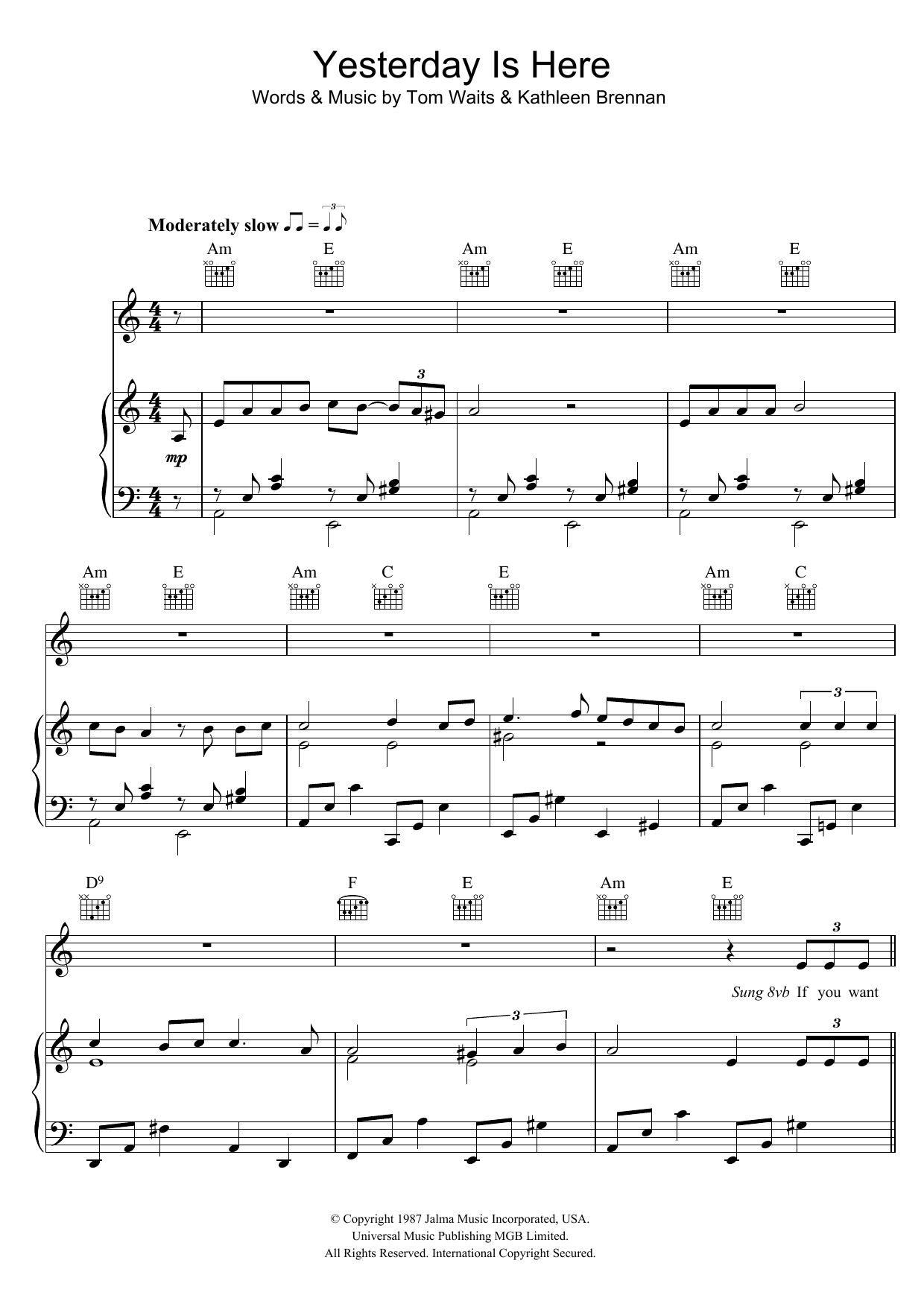 Tom Waits Yesterday Is Here sheet music notes and chords arranged for Piano, Vocal & Guitar Chords