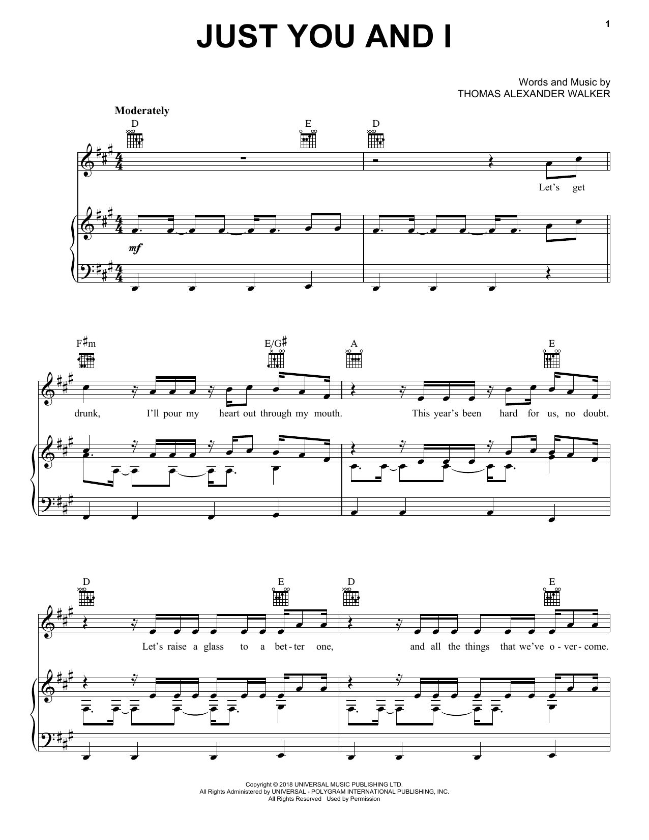 Tom Walker Just You And I sheet music notes and chords arranged for Piano, Vocal & Guitar Chords (Right-Hand Melody)