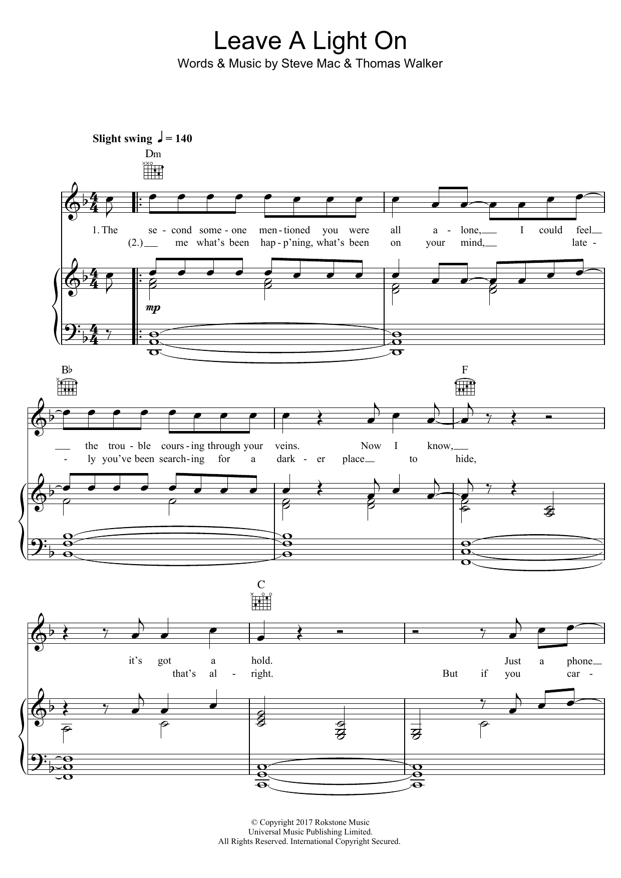 Tom Walker Leave A Light On sheet music notes and chords arranged for Piano, Vocal & Guitar Chords