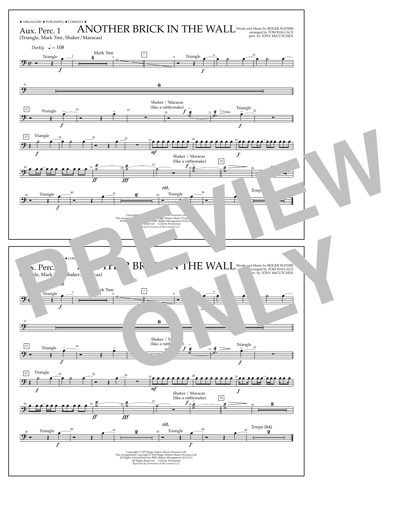 Tom Wallace Another Brick in the Wall - Aux. Perc. 1 sheet music notes and chords arranged for Marching Band
