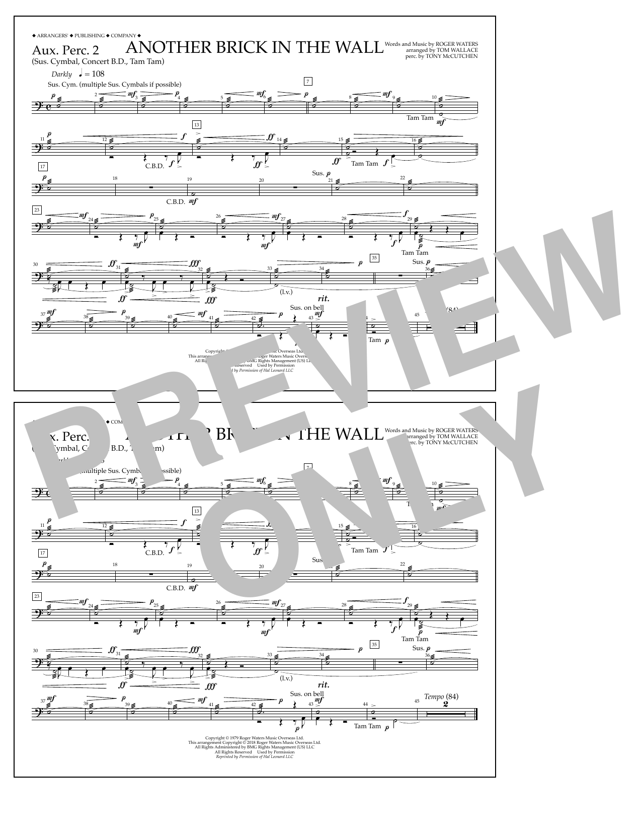 Tom Wallace Another Brick in the Wall - Aux. Perc. 2 sheet music notes and chords arranged for Marching Band