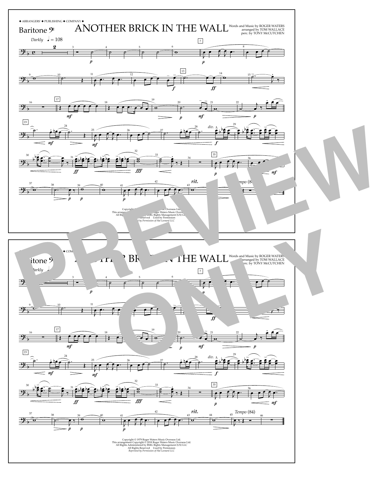 Tom Wallace Another Brick in the Wall - Baritone B.C. sheet music notes and chords arranged for Marching Band