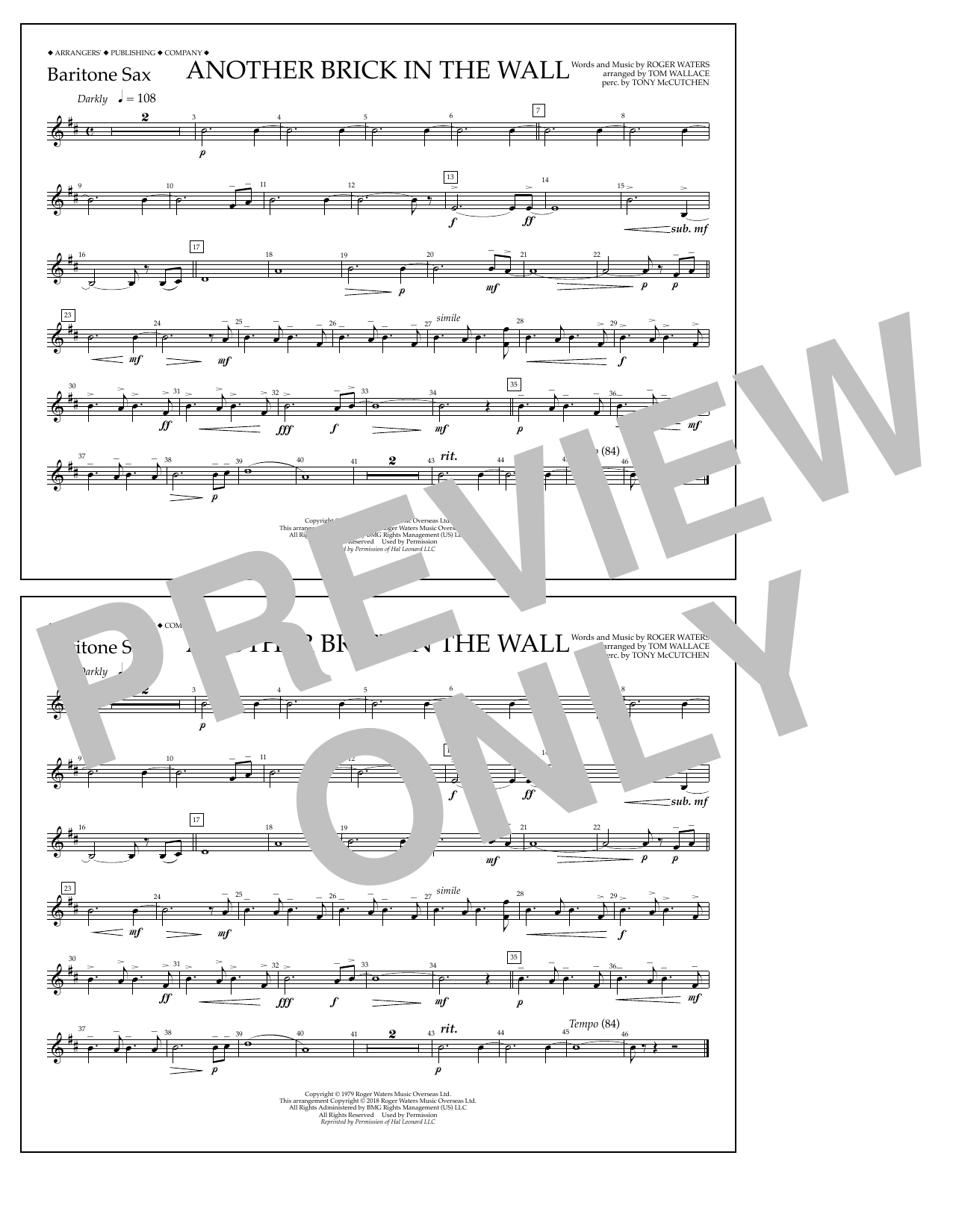 Tom Wallace Another Brick in the Wall - Baritone Sax sheet music notes and chords arranged for Marching Band