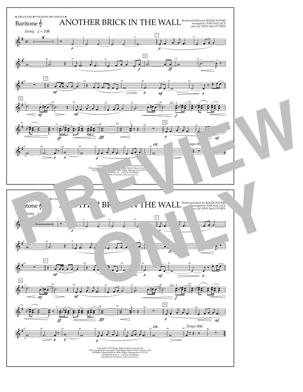Tom Wallace Another Brick in the Wall - Baritone T.C. sheet music notes and chords arranged for Marching Band