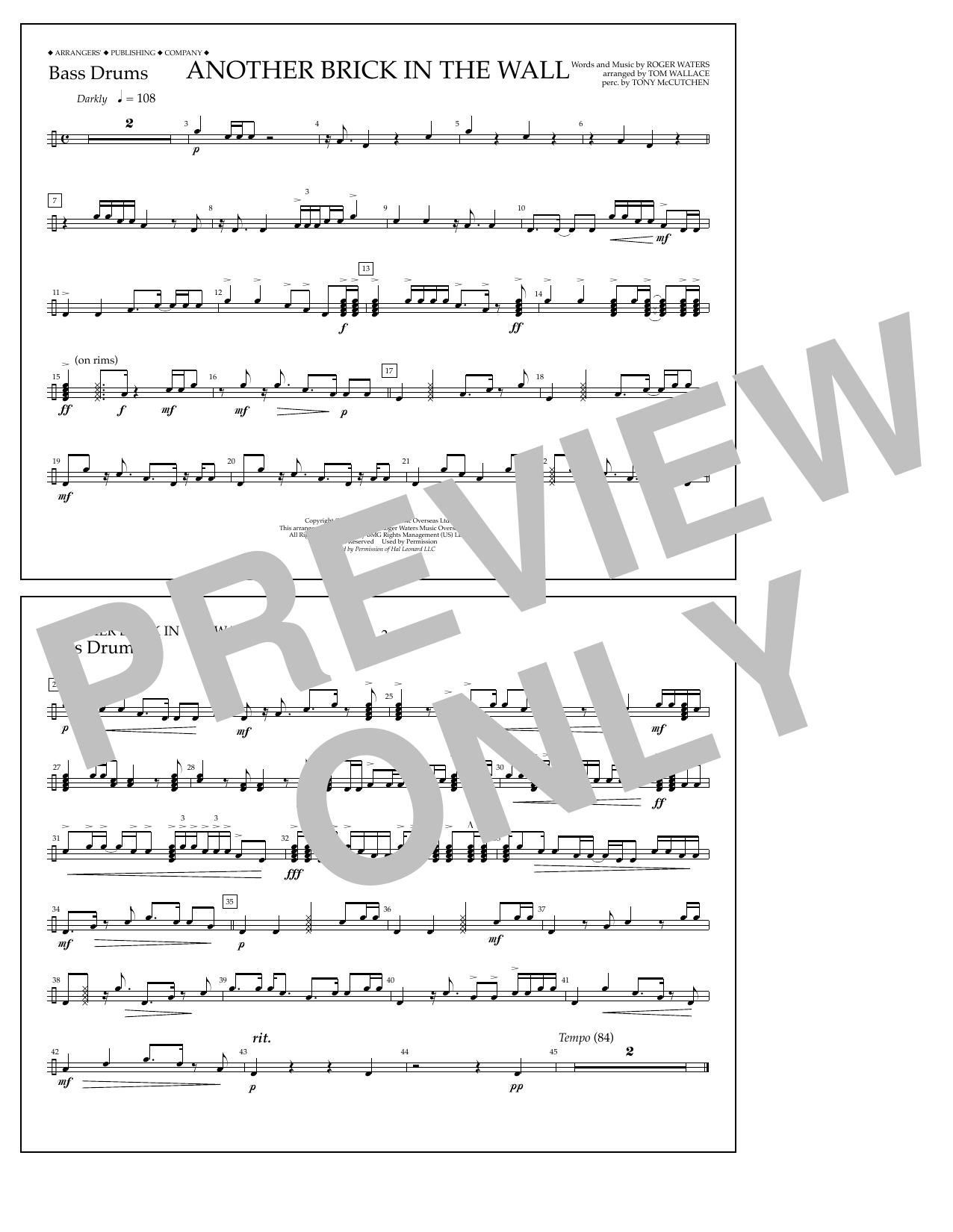 Tom Wallace Another Brick in the Wall - Bass Drums sheet music notes and chords arranged for Marching Band