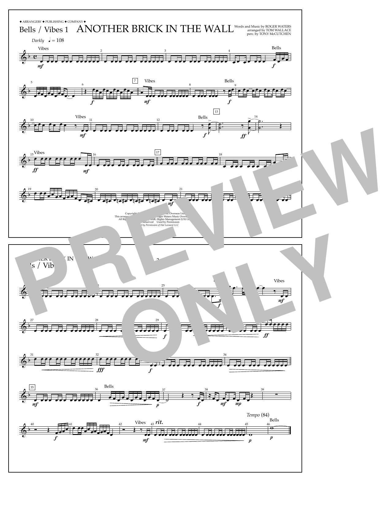 Tom Wallace Another Brick in the Wall - Bells/Vibes 1 sheet music notes and chords arranged for Marching Band