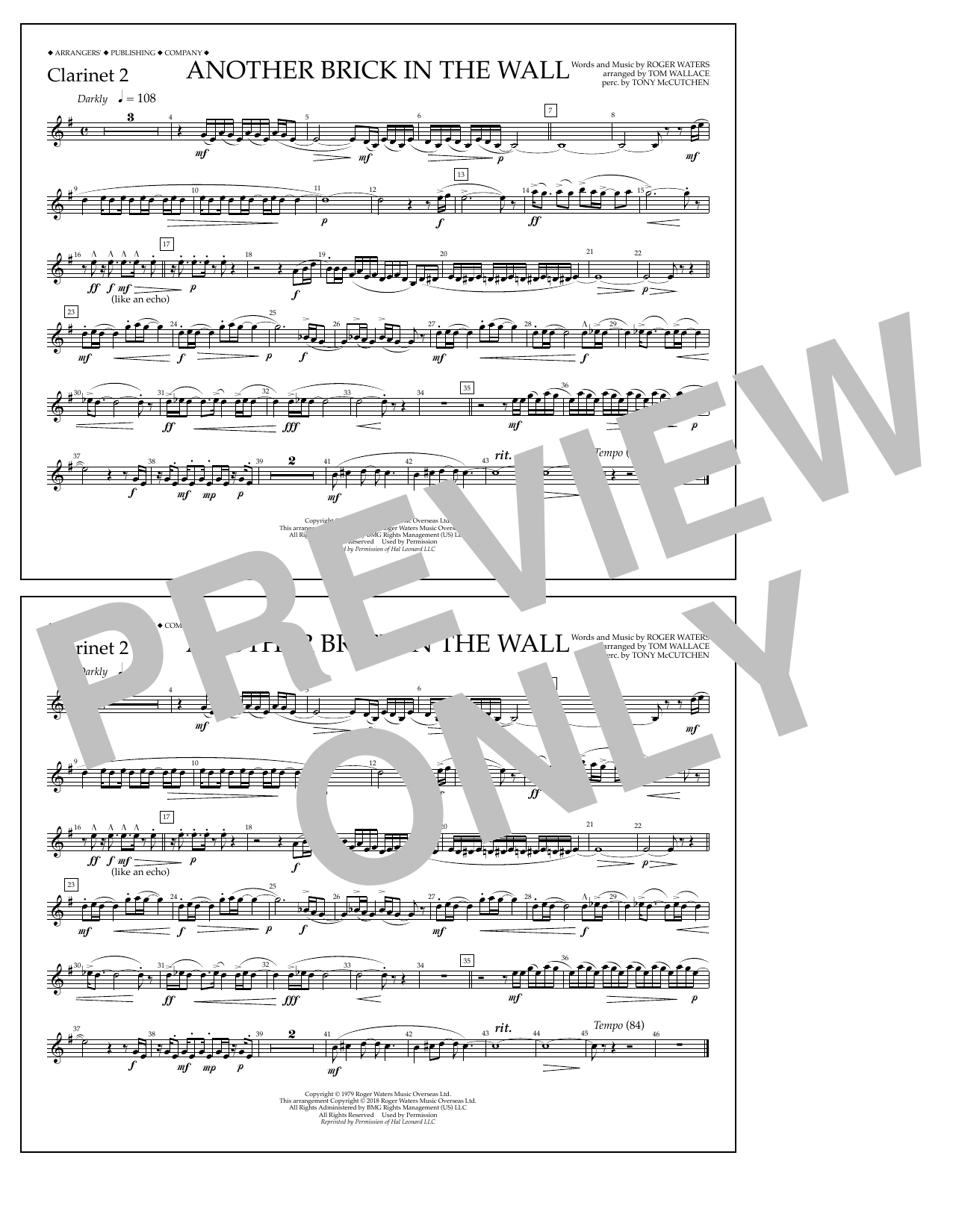 Tom Wallace Another Brick in the Wall - Clarinet 2 sheet music notes and chords arranged for Marching Band