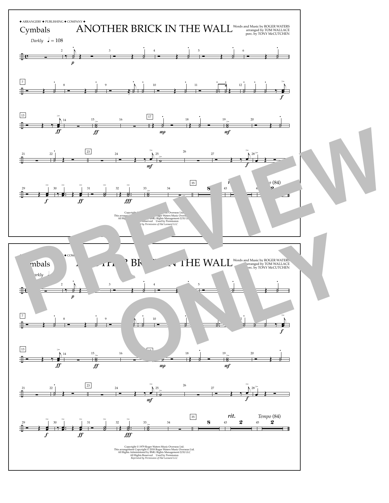 Tom Wallace Another Brick in the Wall - Cymbals sheet music notes and chords arranged for Marching Band