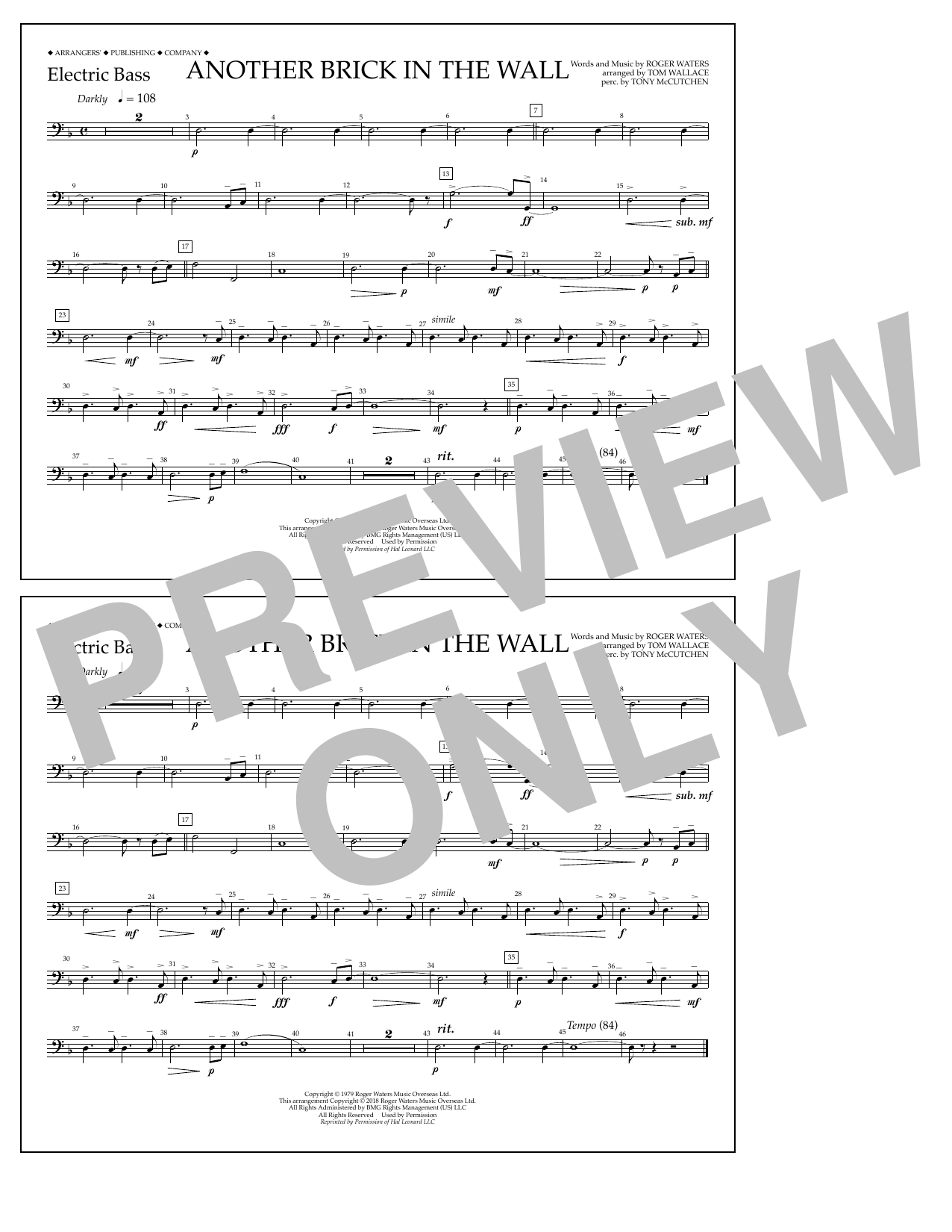 Tom Wallace Another Brick in the Wall - Electric Bass sheet music notes and chords arranged for Marching Band