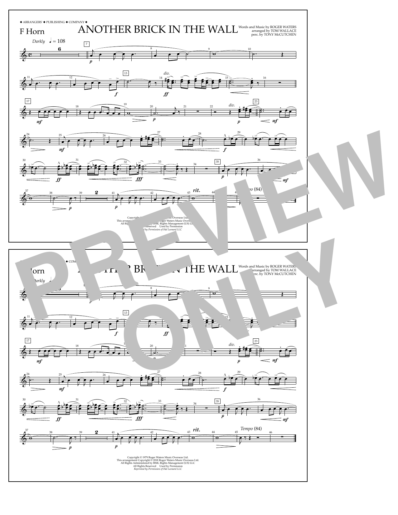 Tom Wallace Another Brick in the Wall - F Horn sheet music notes and chords arranged for Marching Band