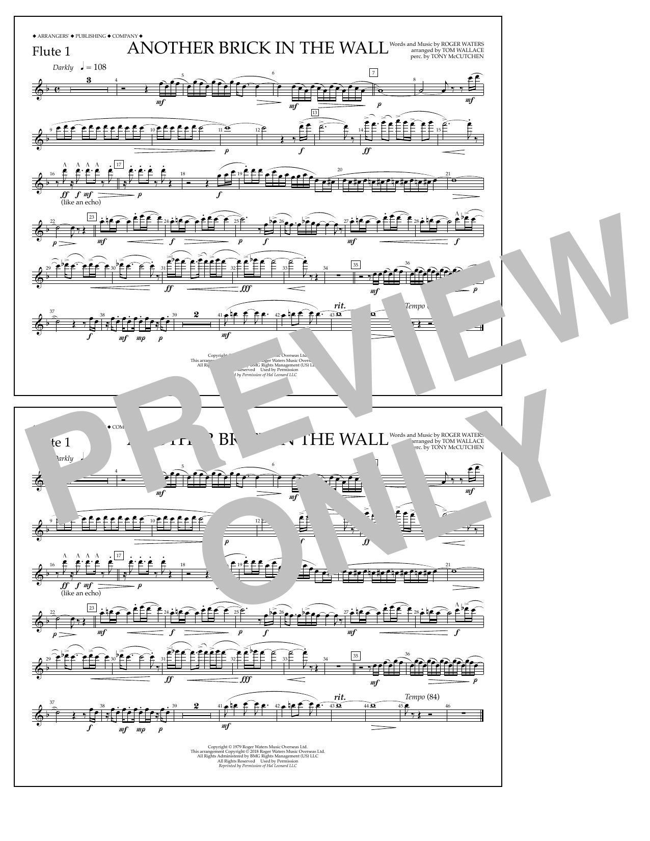 Tom Wallace Another Brick in the Wall - Flute 1 sheet music notes and chords arranged for Marching Band
