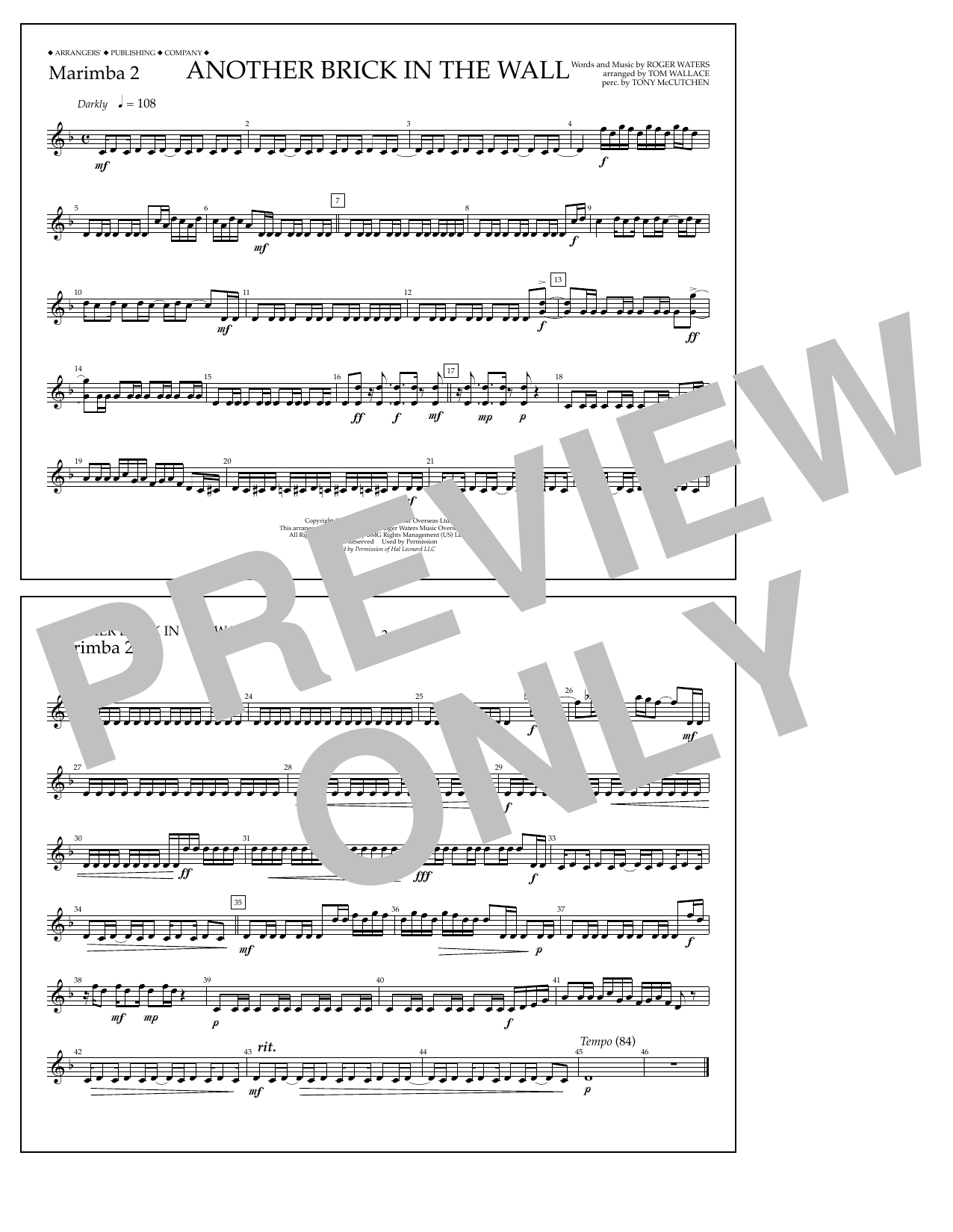 Tom Wallace Another Brick in the Wall - Marimba 2 sheet music notes and chords arranged for Marching Band