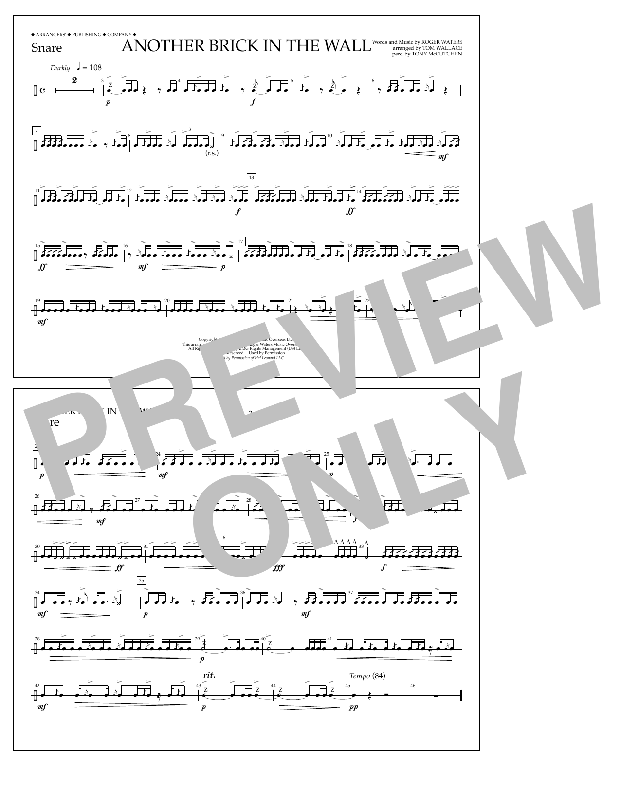 Tom Wallace Another Brick in the Wall - Snare sheet music notes and chords arranged for Marching Band