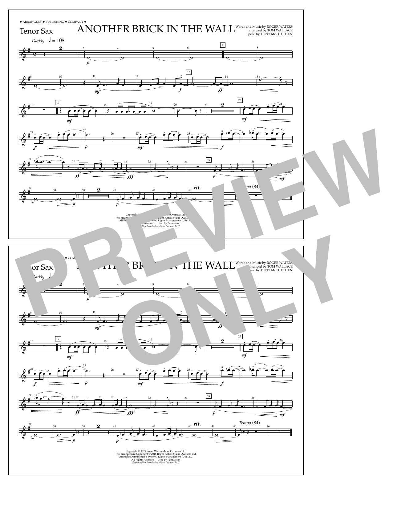 Tom Wallace Another Brick in the Wall - Tenor Sax sheet music notes and chords arranged for Marching Band