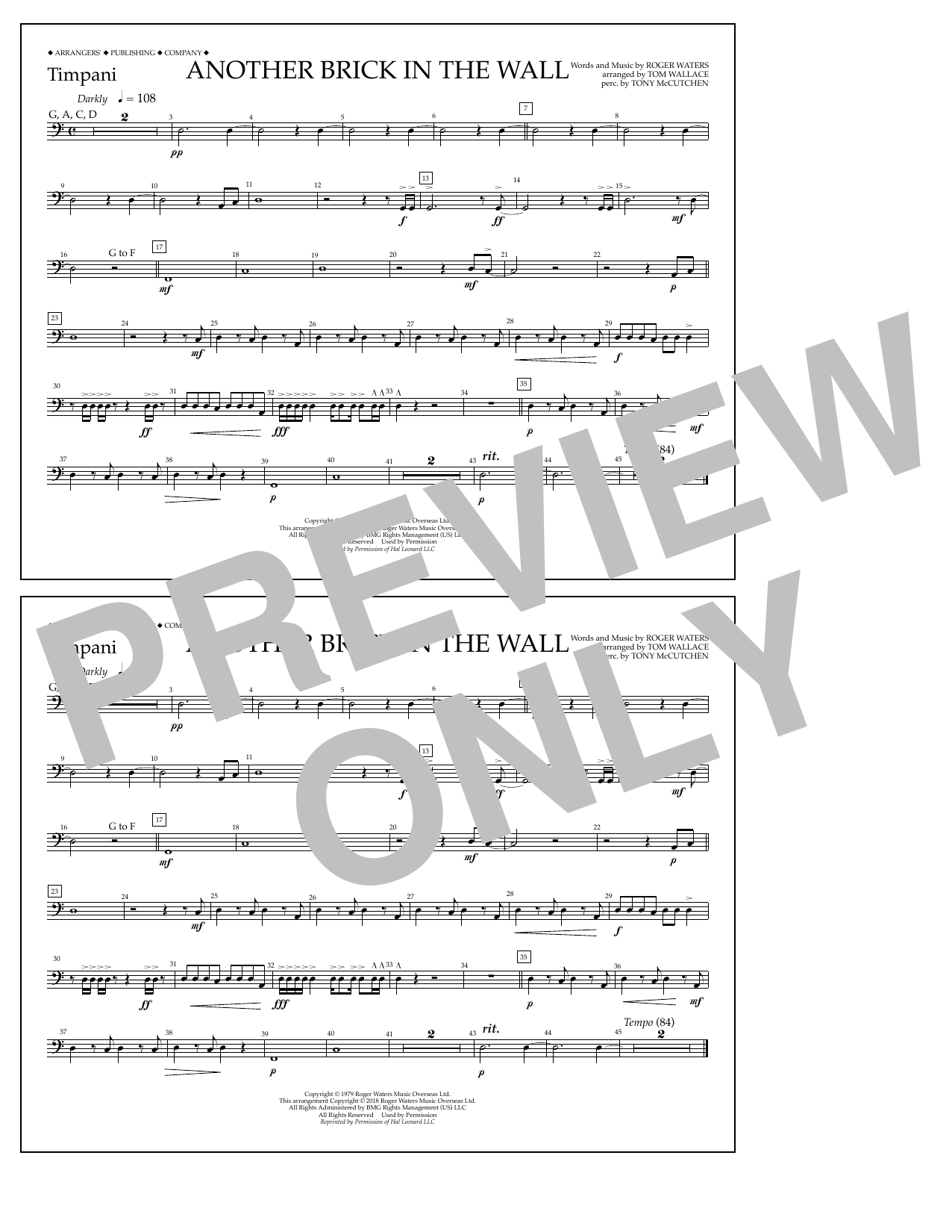 Tom Wallace Another Brick in the Wall - Timpani sheet music notes and chords arranged for Marching Band