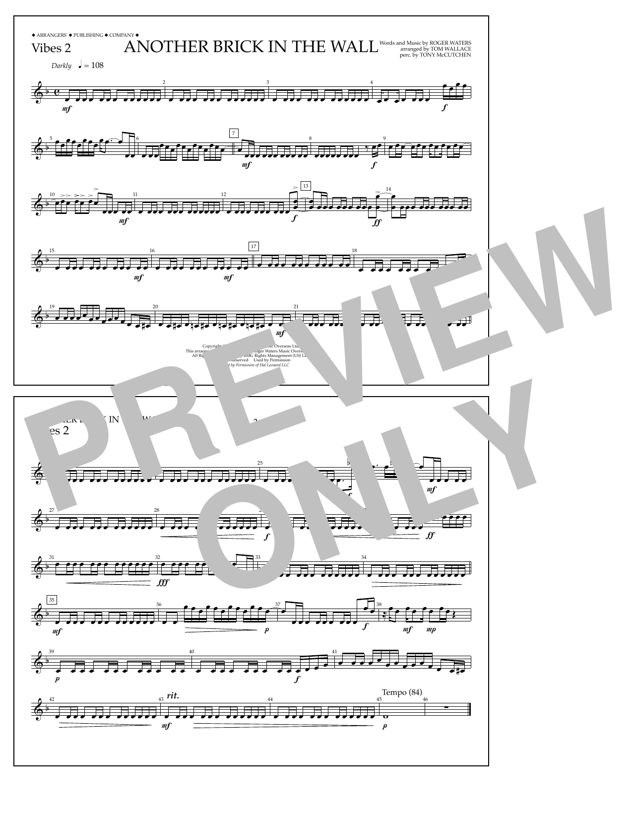 Tom Wallace Another Brick in the Wall - Vibes 2 sheet music notes and chords arranged for Marching Band