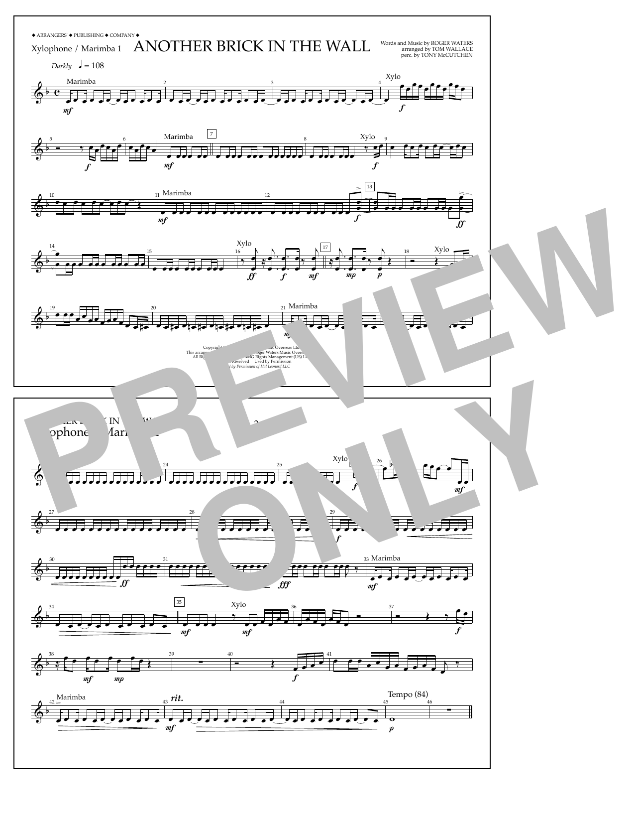 Tom Wallace Another Brick in the Wall - Xylophone/Marimba 1 sheet music notes and chords arranged for Marching Band