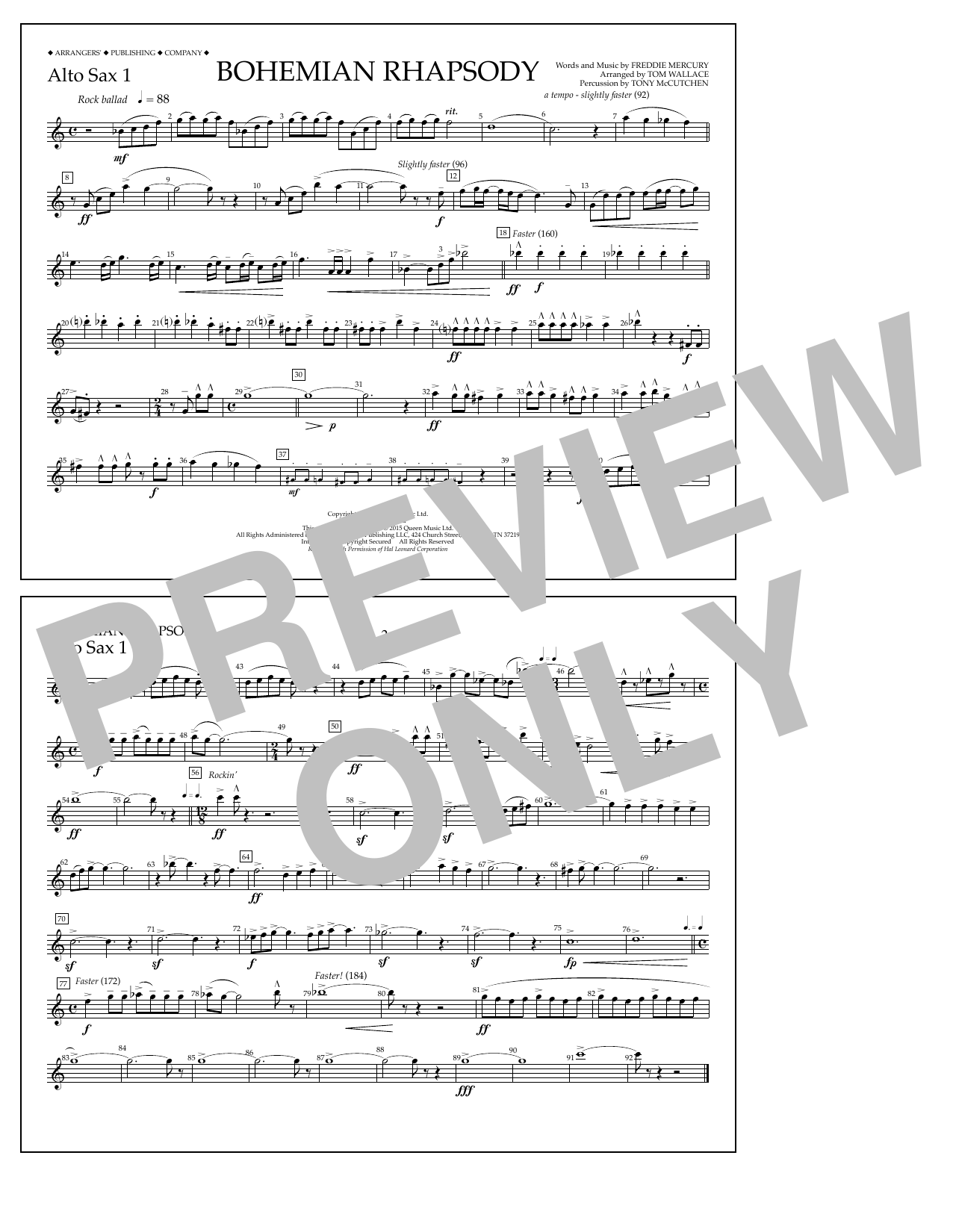 Tom Wallace Bohemian Rhapsody - Alto Sax 1 sheet music notes and chords arranged for Marching Band