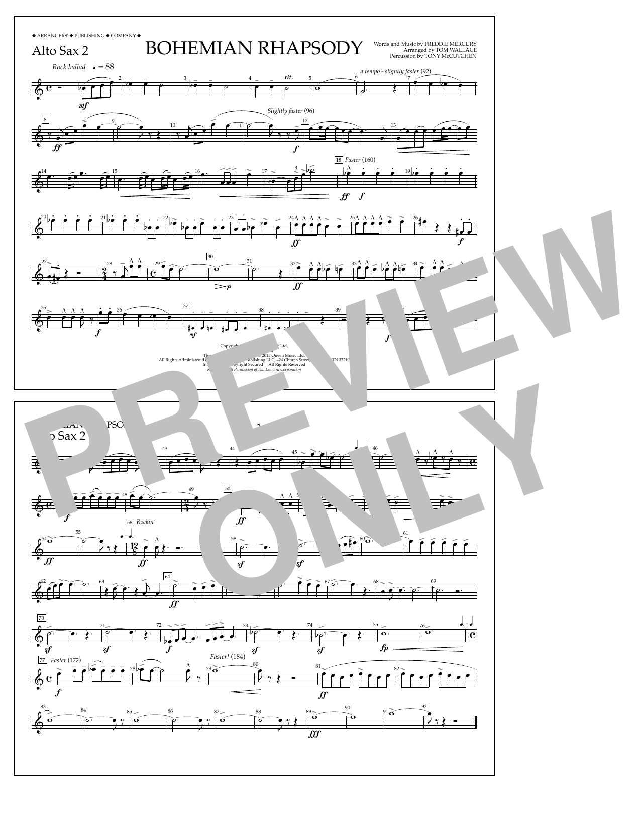 Tom Wallace Bohemian Rhapsody - Alto Sax 2 sheet music notes and chords arranged for Marching Band