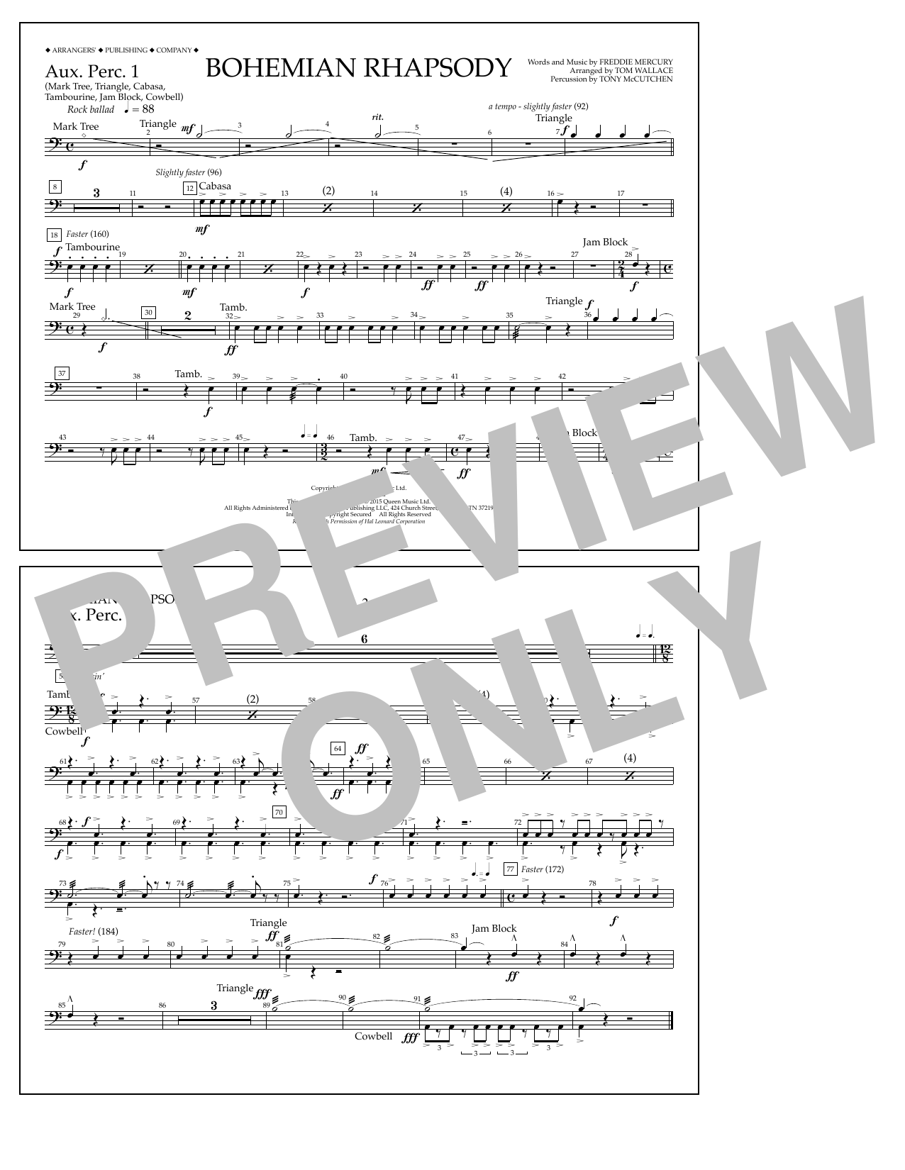 Tom Wallace Bohemian Rhapsody - Aux. Perc. 1 sheet music notes and chords arranged for Marching Band