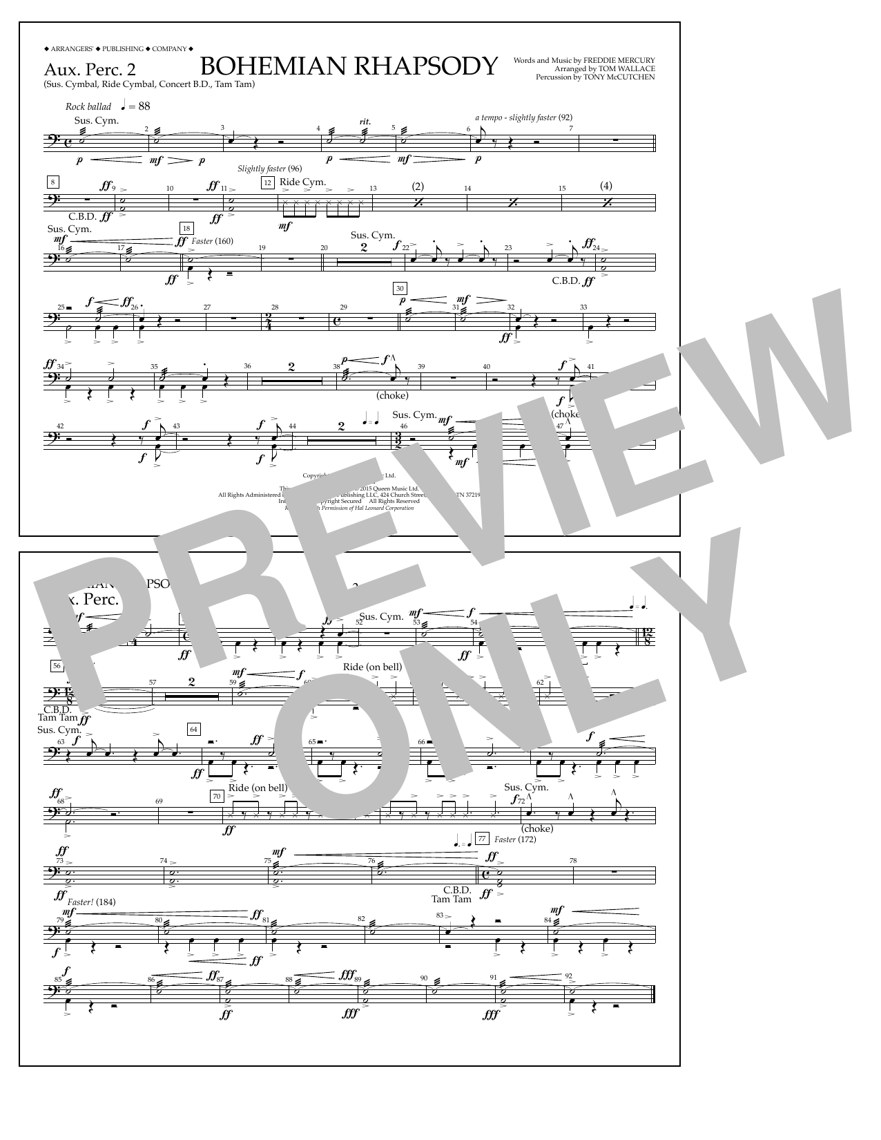 Tom Wallace Bohemian Rhapsody - Aux. Perc. 2 sheet music notes and chords arranged for Marching Band