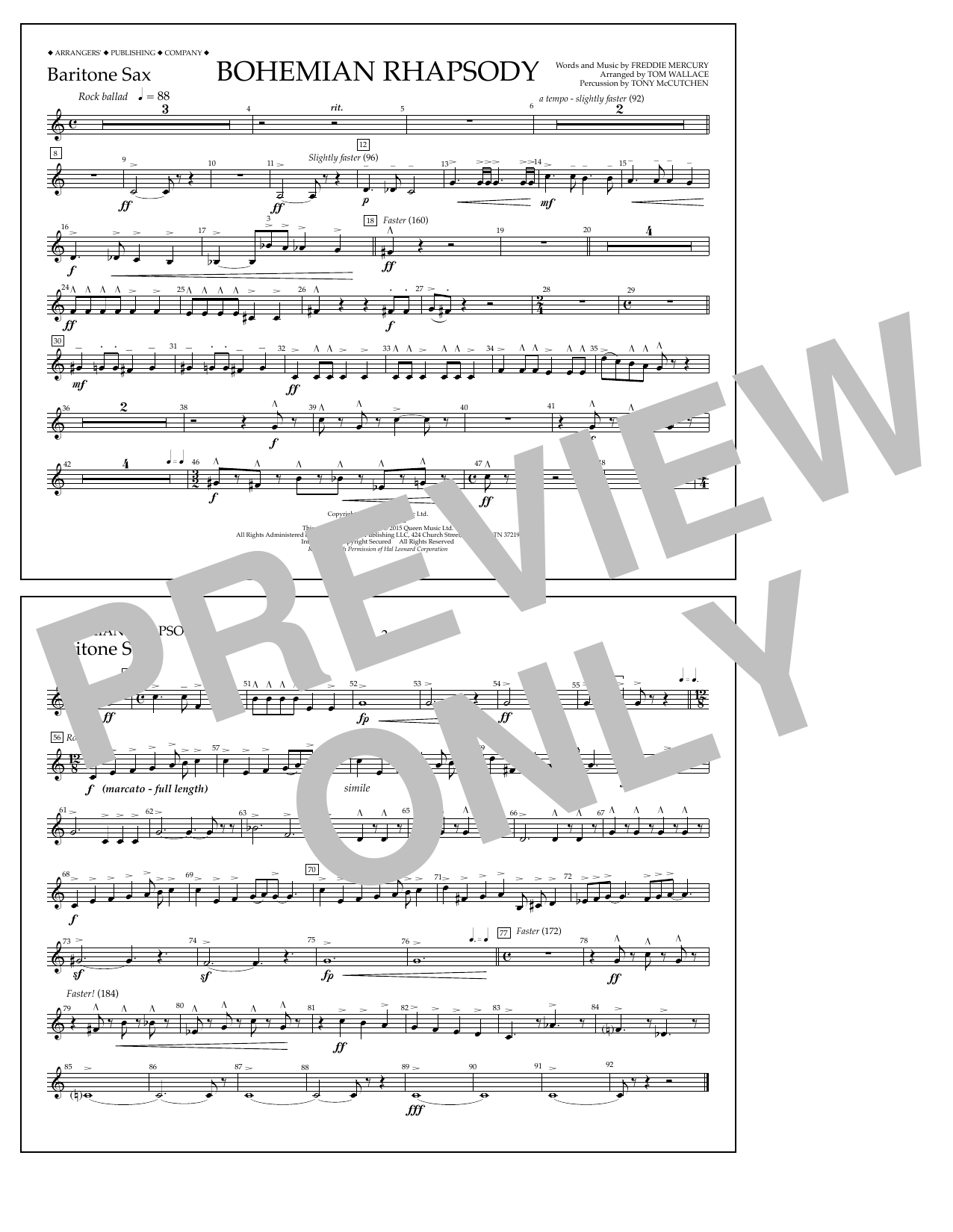 Tom Wallace Bohemian Rhapsody - Baritone Sax sheet music notes and chords arranged for Marching Band