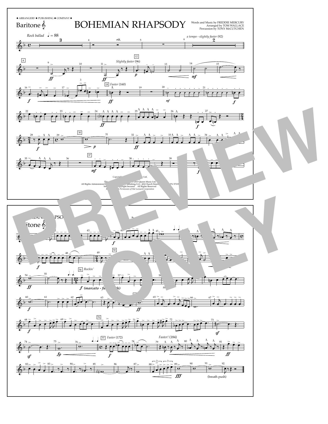 Tom Wallace Bohemian Rhapsody - Baritone T.C. sheet music notes and chords arranged for Marching Band