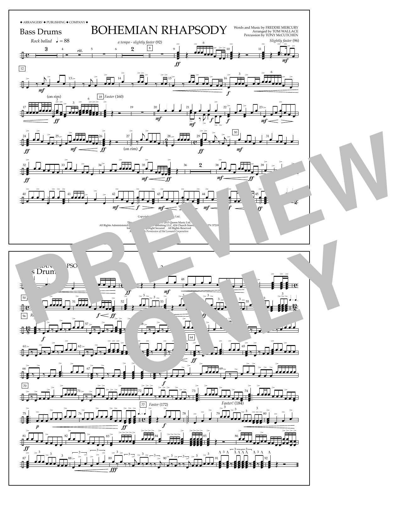 Tom Wallace Bohemian Rhapsody - Bass Drums sheet music notes and chords arranged for Marching Band