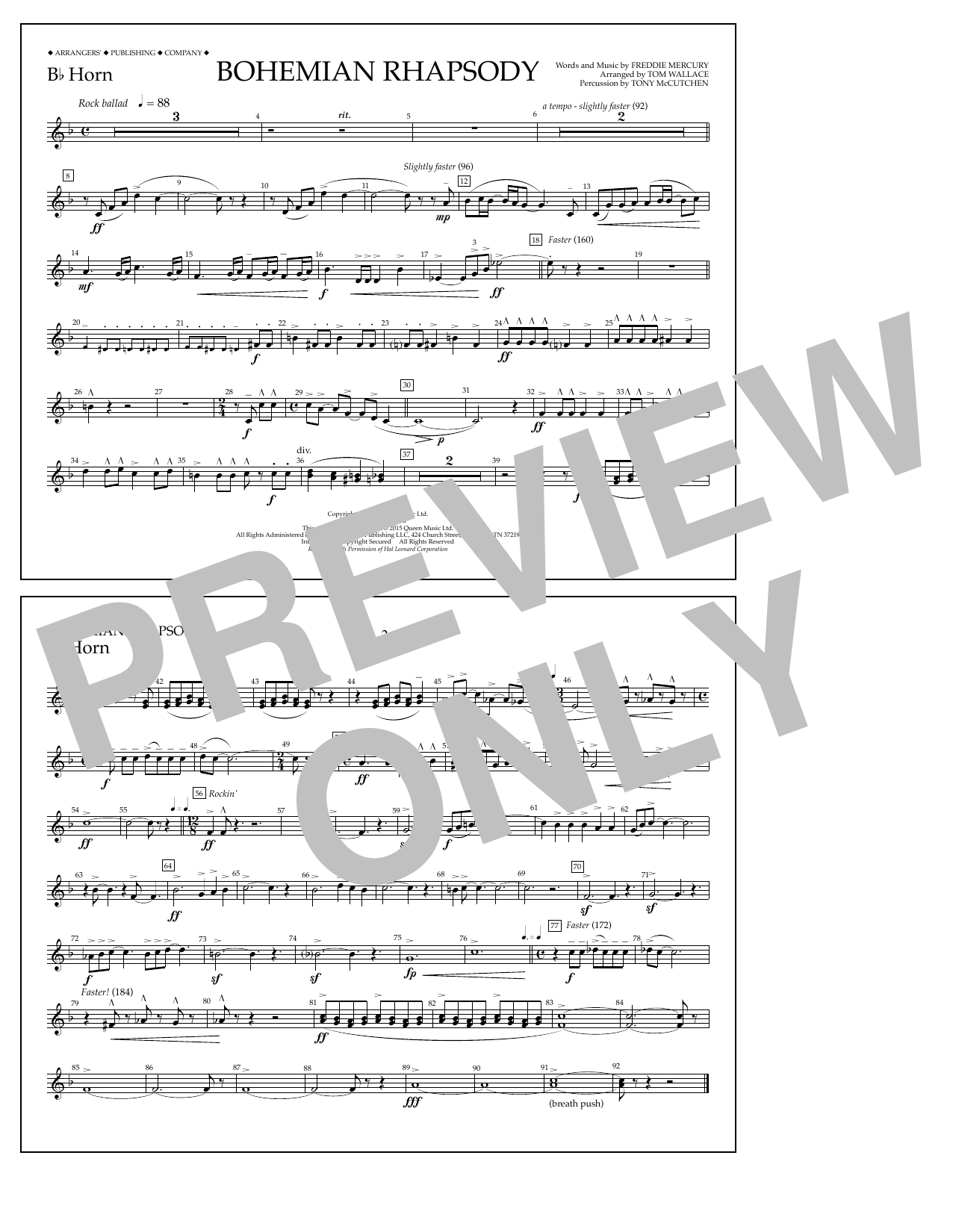 Tom Wallace Bohemian Rhapsody - Bb Horn sheet music notes and chords arranged for Marching Band