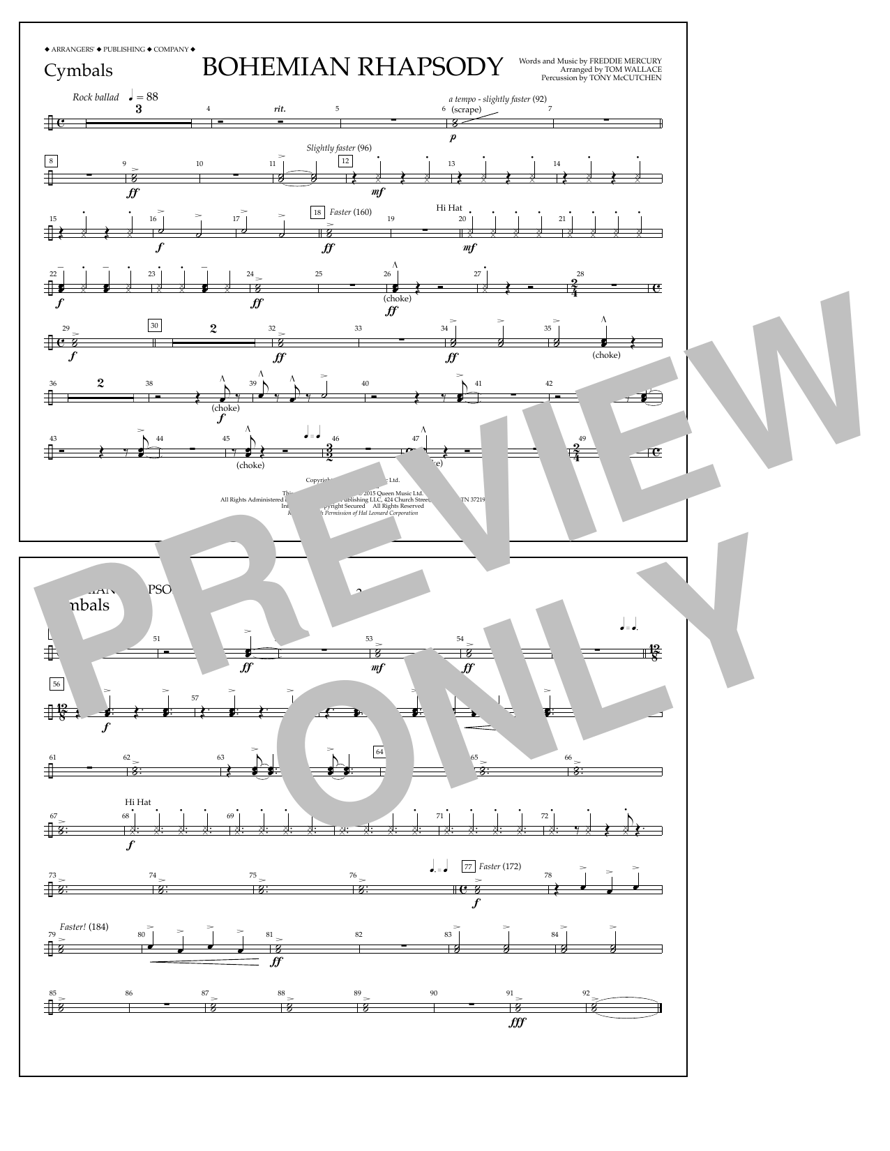 Tom Wallace Bohemian Rhapsody - Cymbals sheet music notes and chords arranged for Marching Band