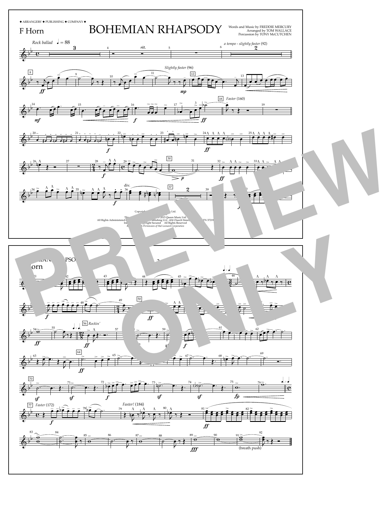 Tom Wallace Bohemian Rhapsody - F Horn sheet music notes and chords arranged for Marching Band