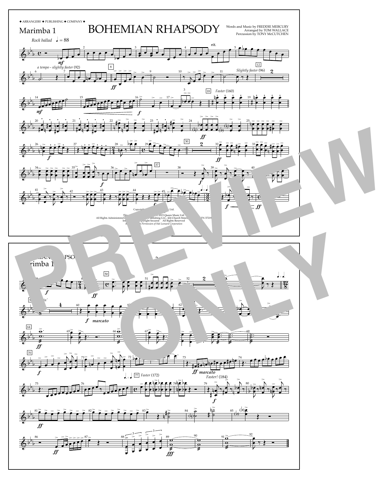 Tom Wallace Bohemian Rhapsody - Marimba 1 sheet music notes and chords arranged for Marching Band