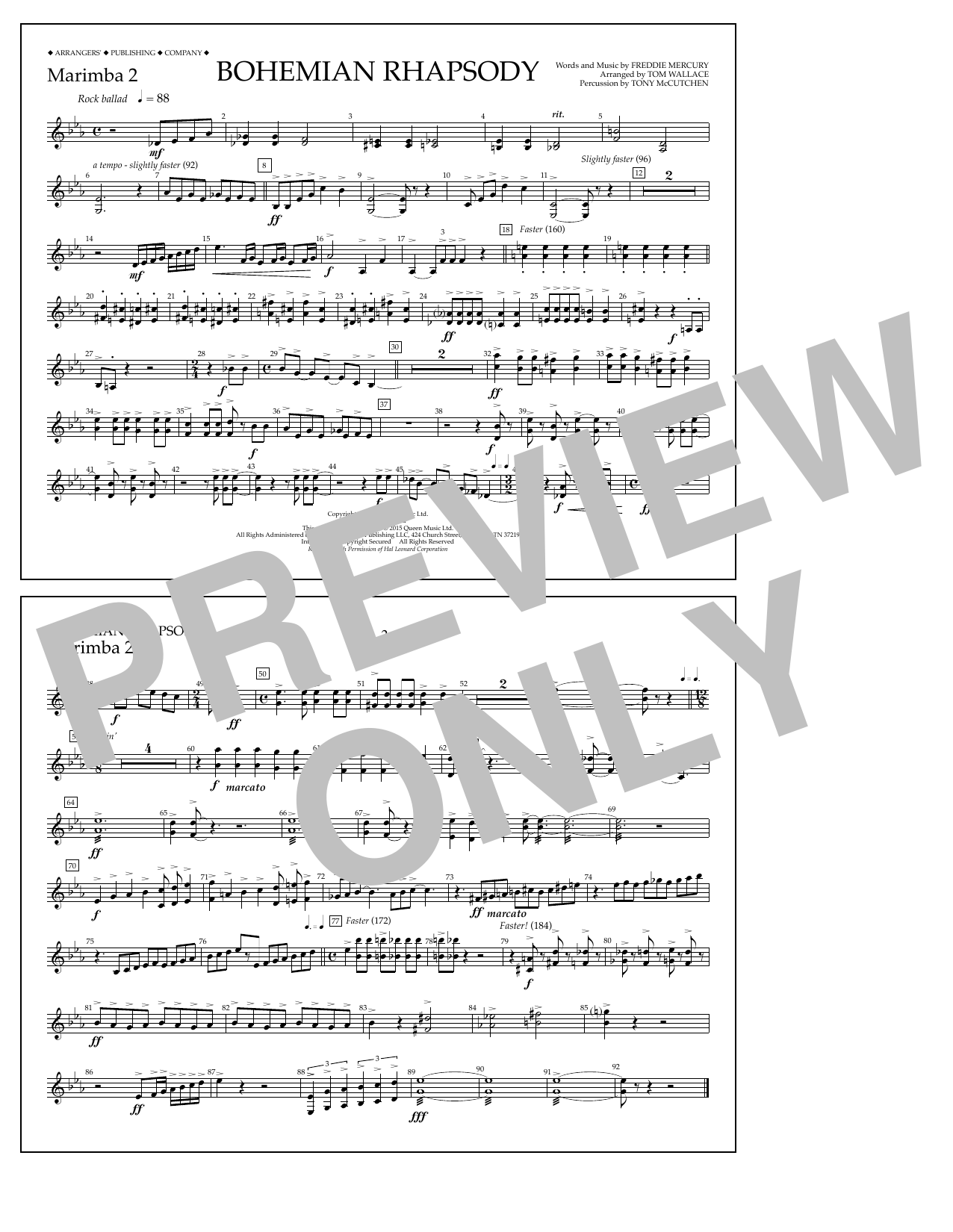 Tom Wallace Bohemian Rhapsody - Marimba 2 sheet music notes and chords arranged for Marching Band