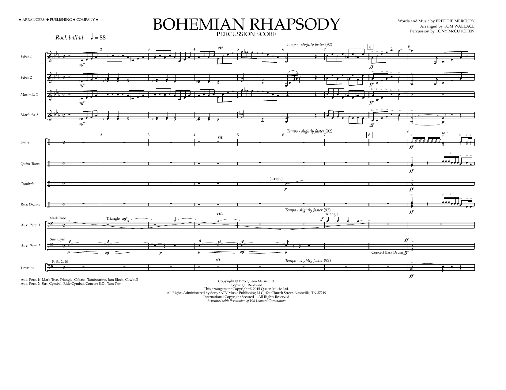 Tom Wallace Bohemian Rhapsody - Percussion Score sheet music notes and chords arranged for Marching Band