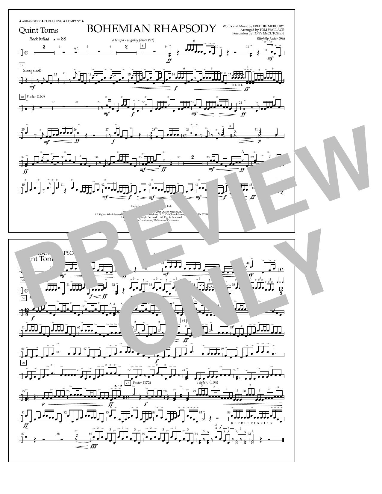 Tom Wallace Bohemian Rhapsody - Quint-Toms sheet music notes and chords arranged for Marching Band