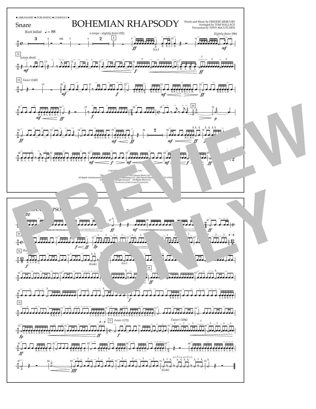 Tom Wallace Bohemian Rhapsody - Snare sheet music notes and chords arranged for Marching Band