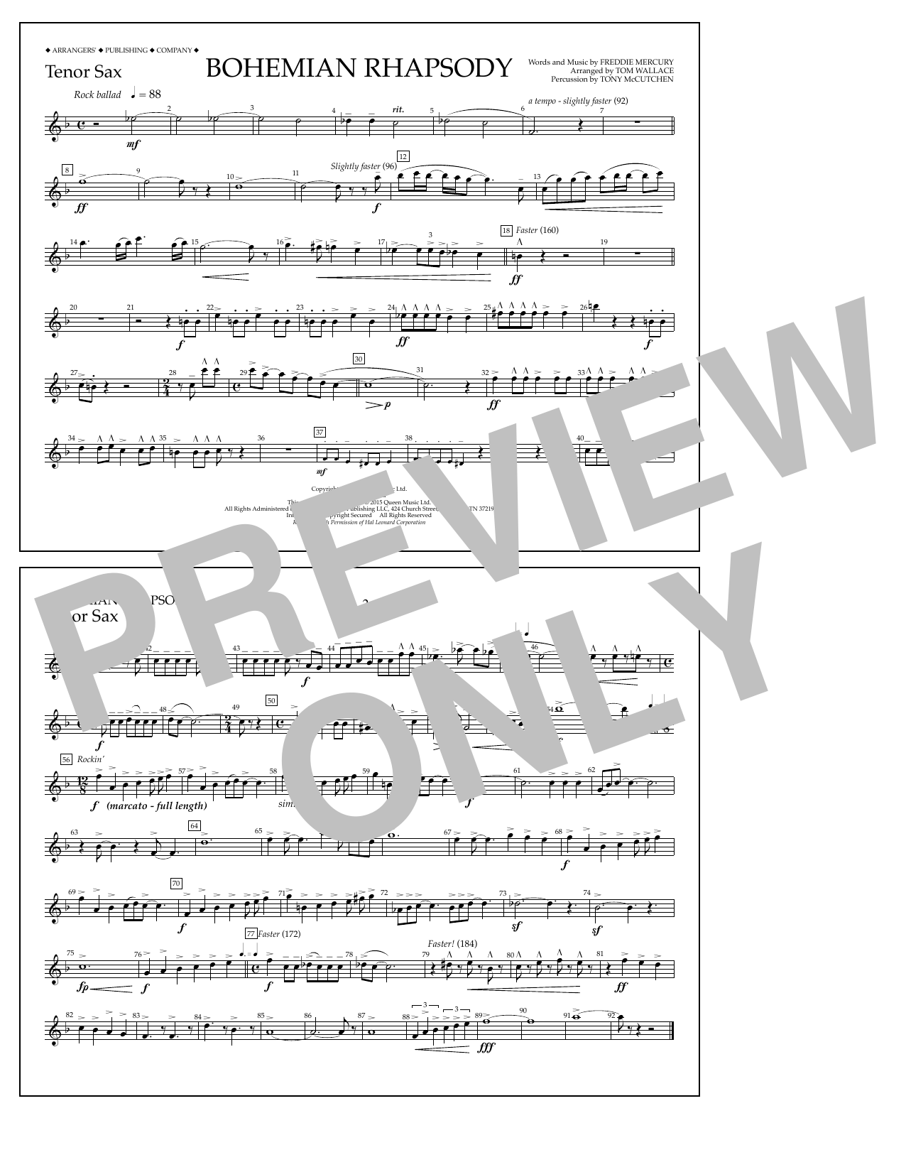 Tom Wallace Bohemian Rhapsody - Tenor Sax sheet music notes and chords arranged for Marching Band