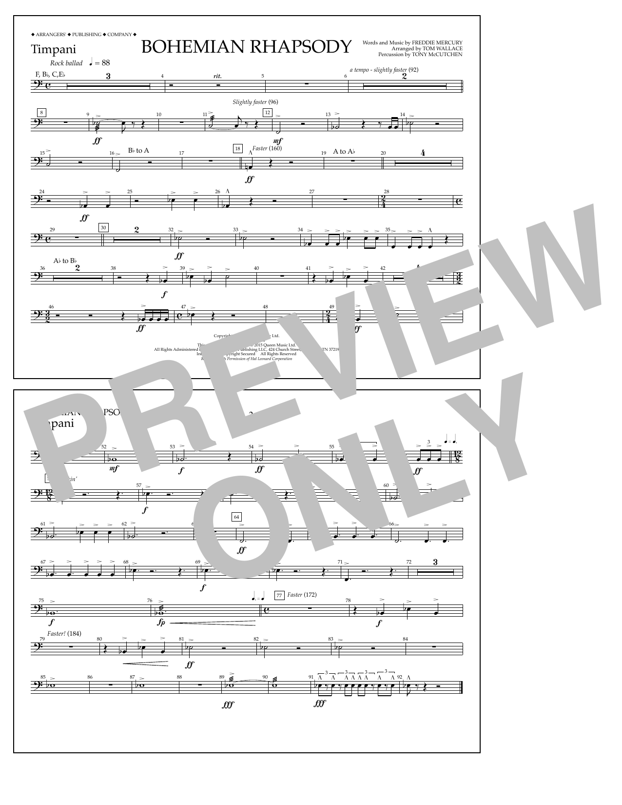 Tom Wallace Bohemian Rhapsody - Timpani sheet music notes and chords arranged for Marching Band