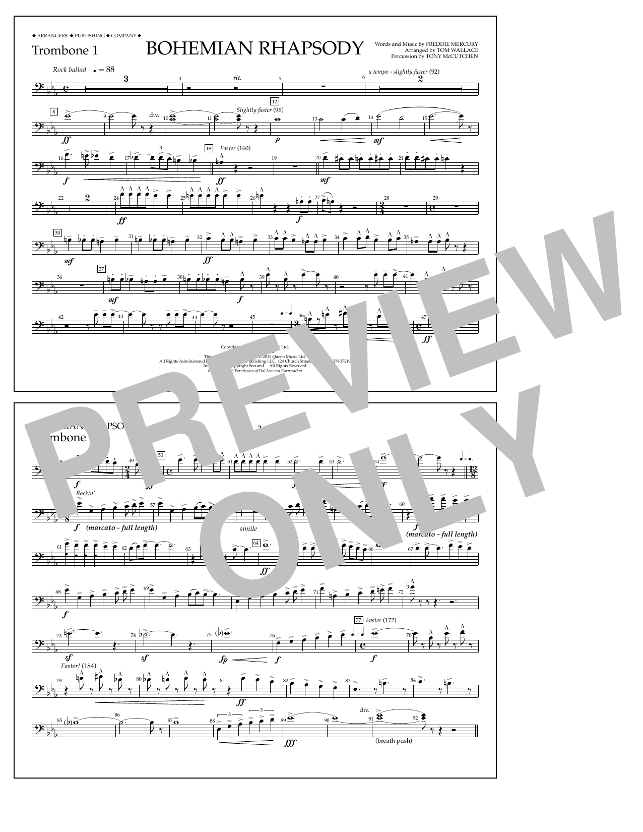 Tom Wallace Bohemian Rhapsody - Trombone 1 sheet music notes and chords arranged for Marching Band