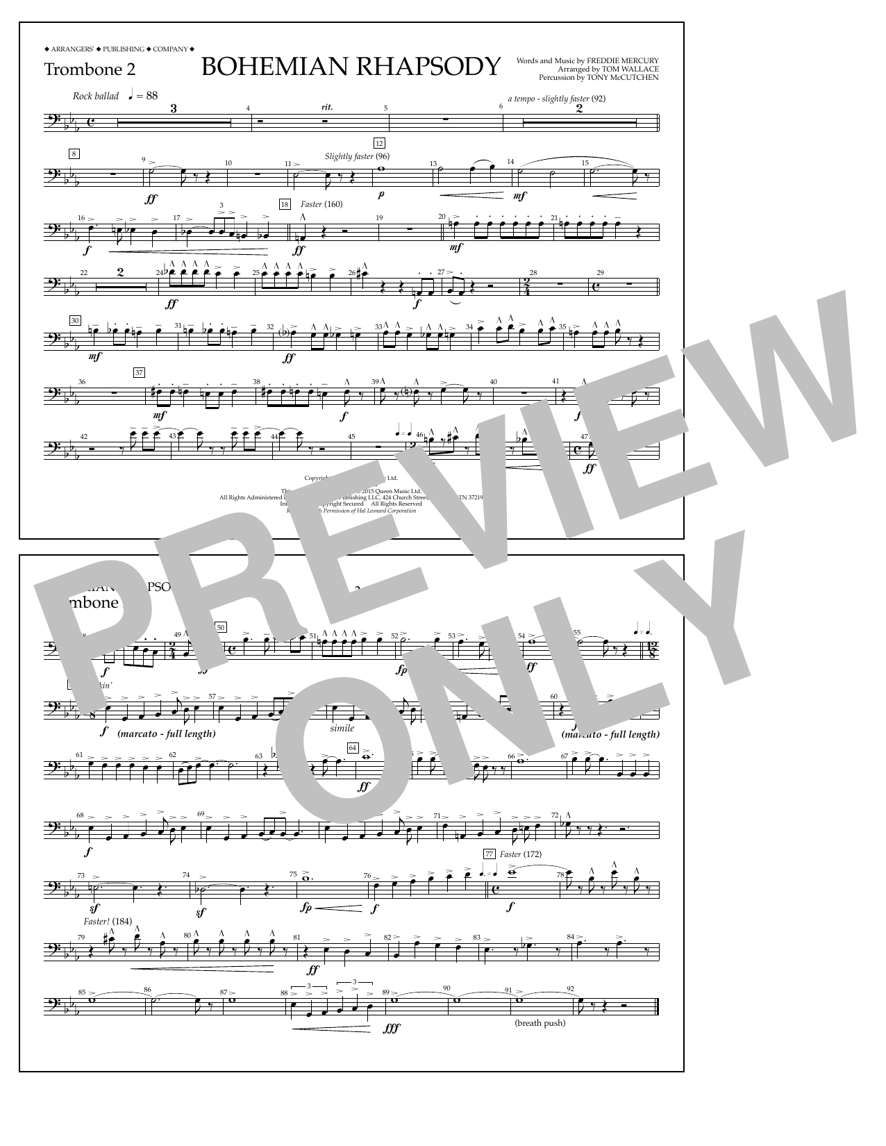Tom Wallace Bohemian Rhapsody - Trombone 2 sheet music notes and chords arranged for Marching Band