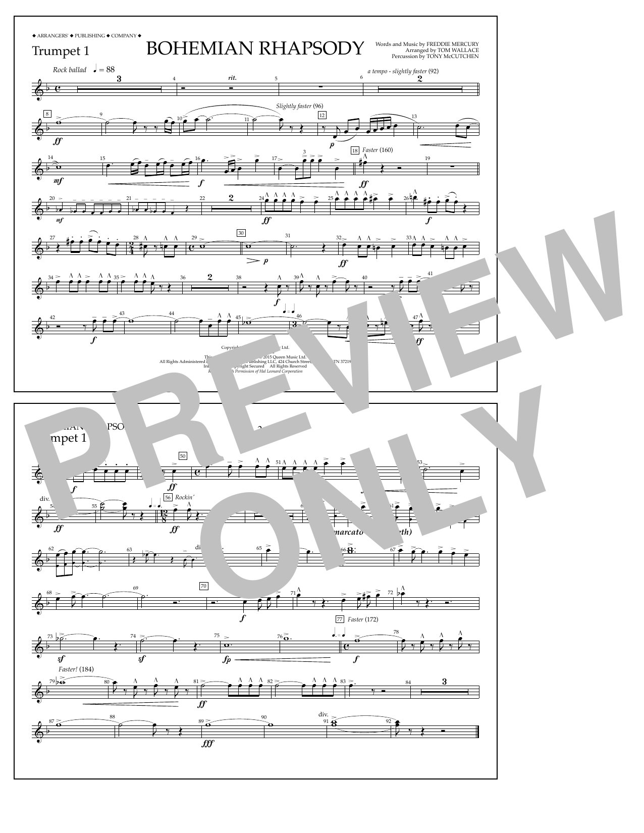 Tom Wallace Bohemian Rhapsody - Trumpet 1 sheet music notes and chords arranged for Marching Band
