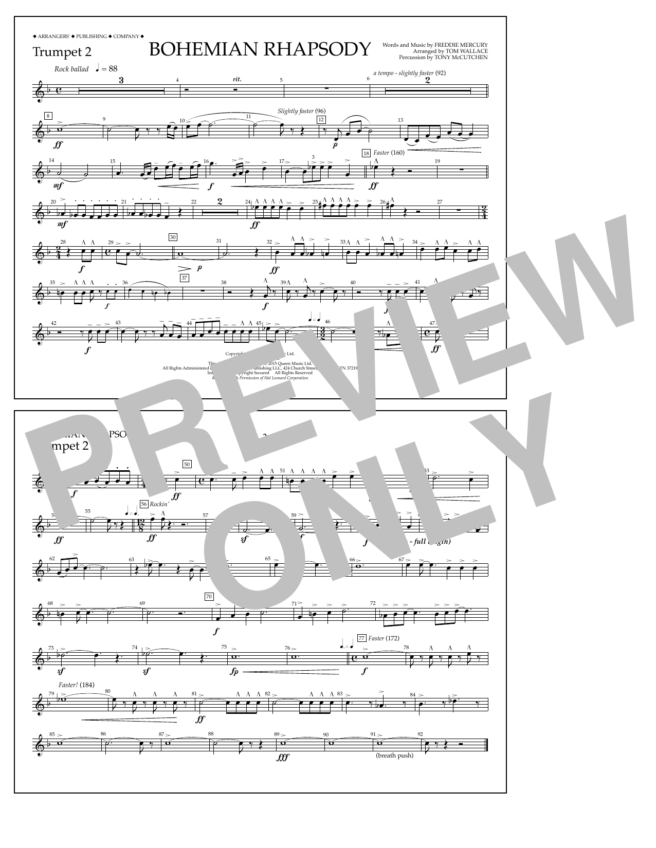 Tom Wallace Bohemian Rhapsody - Trumpet 2 sheet music notes and chords arranged for Marching Band