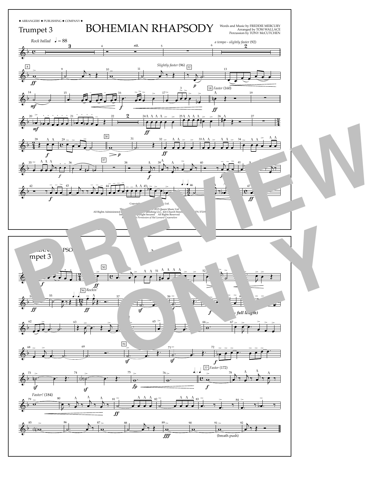 Tom Wallace Bohemian Rhapsody - Trumpet 3 sheet music notes and chords arranged for Marching Band