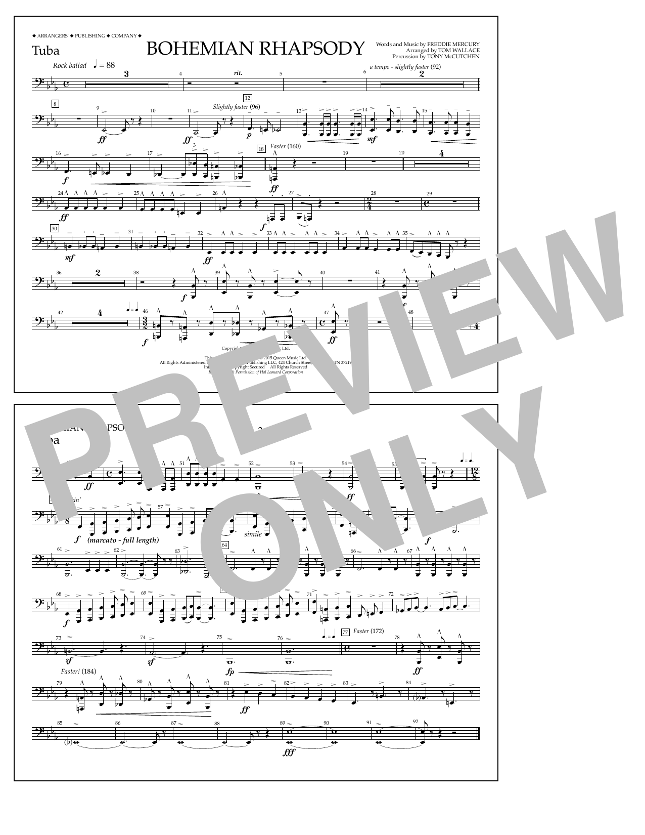 Tom Wallace Bohemian Rhapsody - Tuba sheet music notes and chords arranged for Marching Band