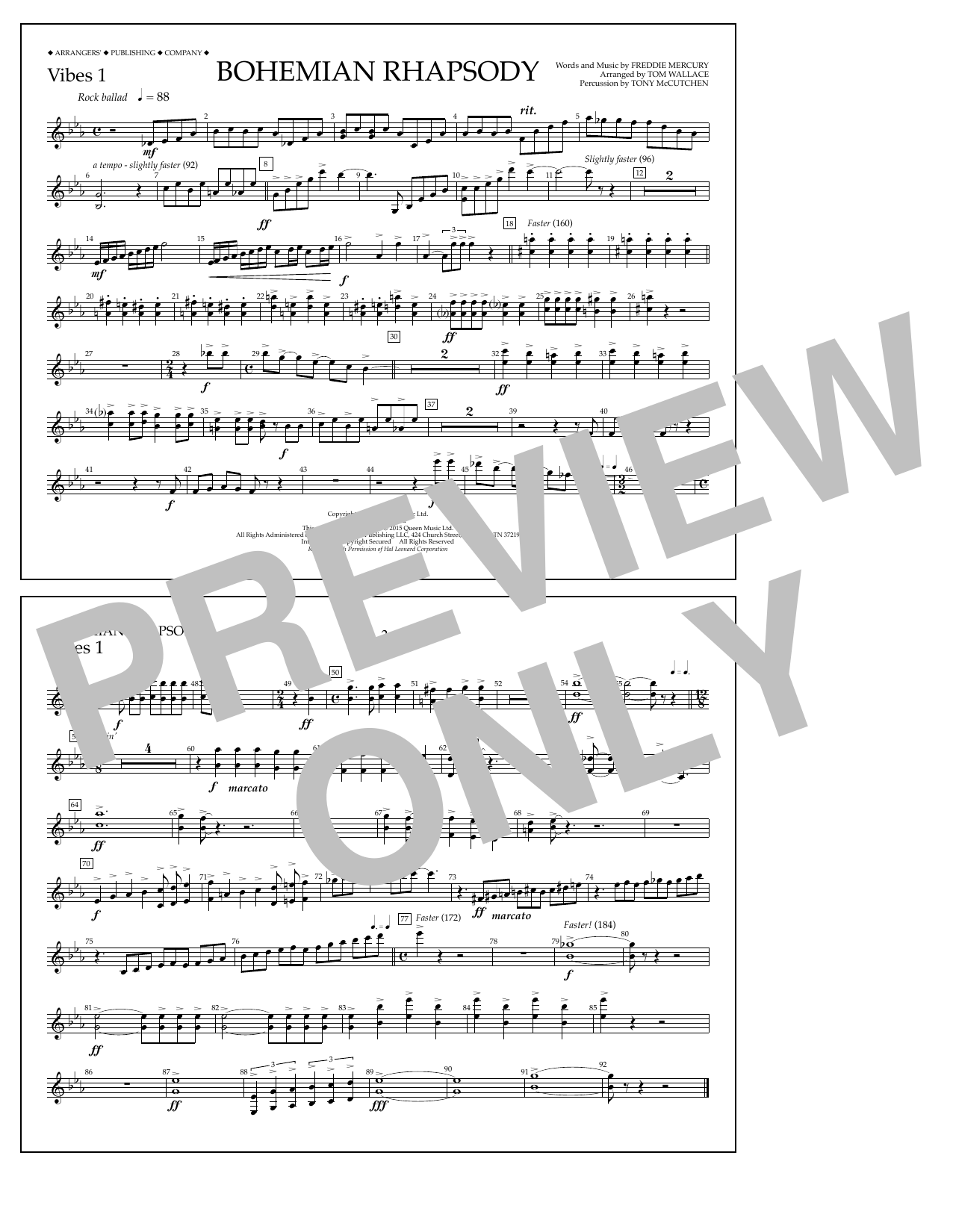 Tom Wallace Bohemian Rhapsody - Vibes 1 sheet music notes and chords arranged for Marching Band