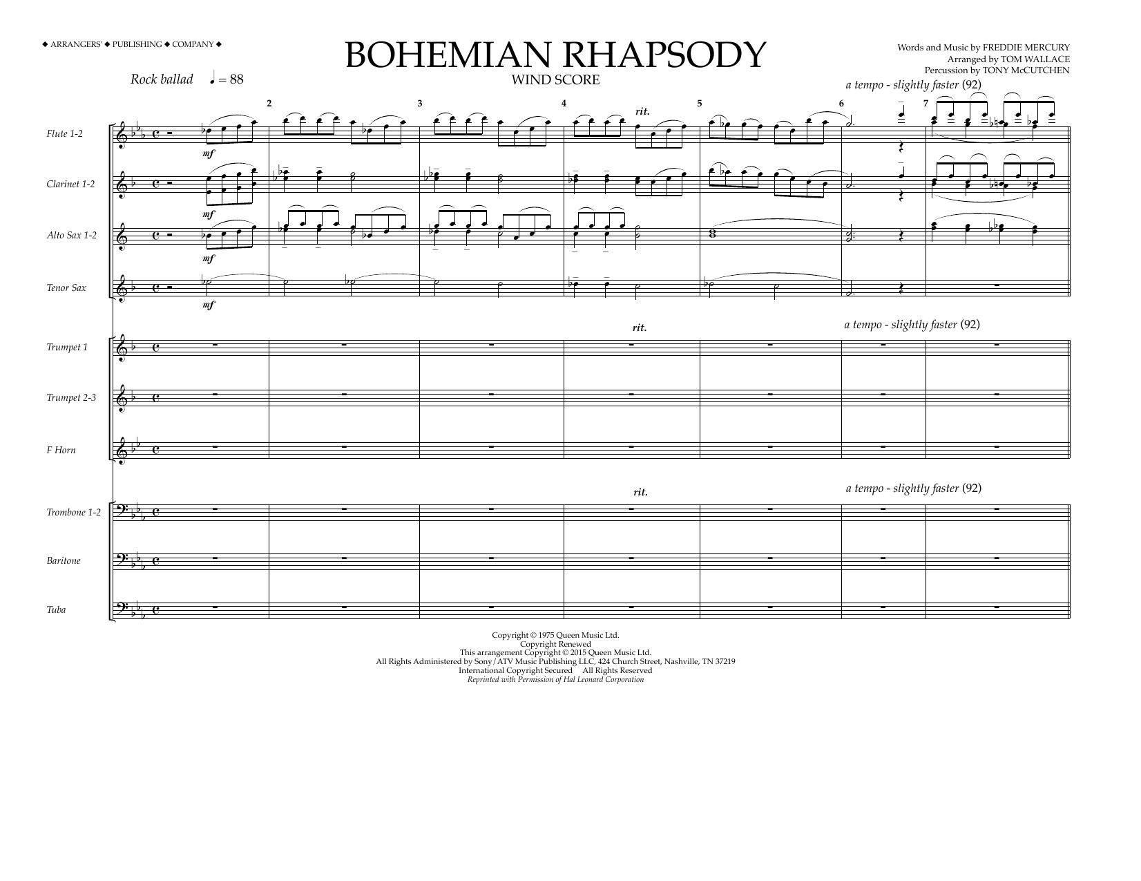 Tom Wallace Bohemian Rhapsody - Wind Score sheet music notes and chords arranged for Marching Band
