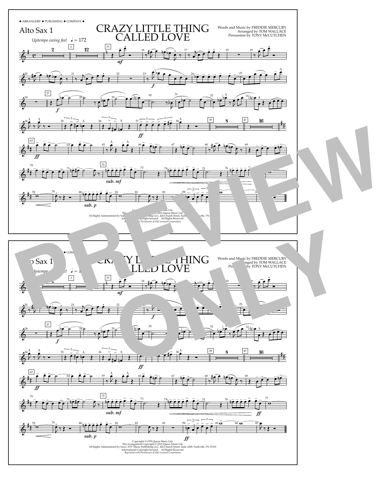 Tom Wallace Crazy Little Thing Called Love - Alto Sax 1 sheet music notes and chords arranged for Marching Band