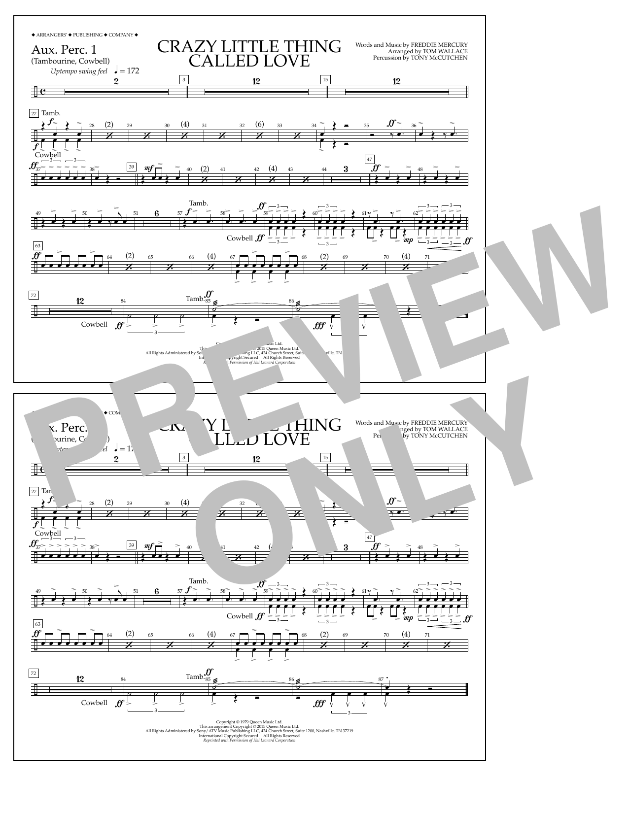 Tom Wallace Crazy Little Thing Called Love - Aux. Perc. 1 sheet music notes and chords arranged for Marching Band