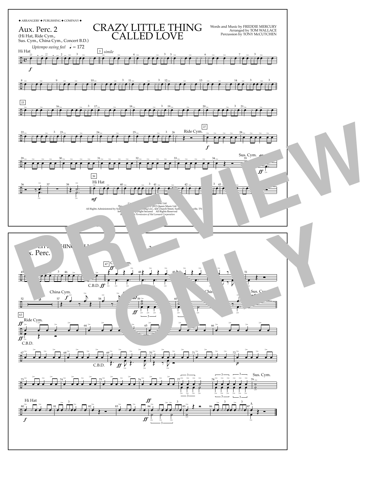 Tom Wallace Crazy Little Thing Called Love - Aux. Perc. 2 sheet music notes and chords arranged for Marching Band